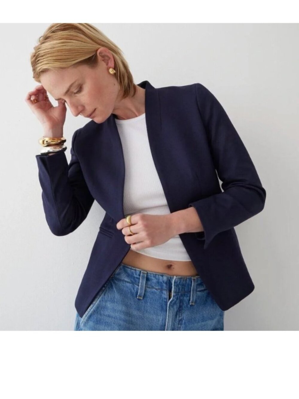 J Crew Going Out Blazer 8 Navy Stretch Twill Open Minimalist Modern Preppy Paris
